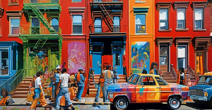 A colorful street scene in Brooklyn with artists painting graffiti on a large wall, surrounded by brownstone buildings and a blue sky.