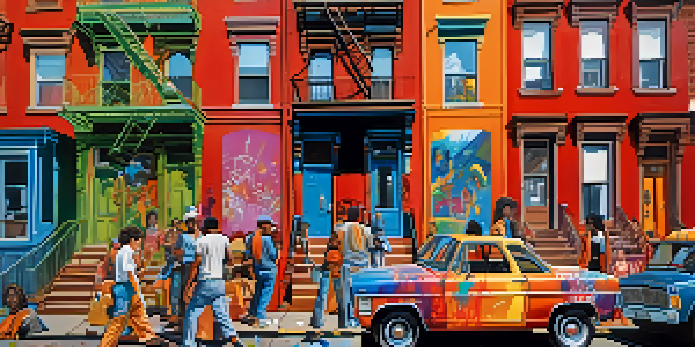 A colorful street scene in Brooklyn with artists painting graffiti on a large wall, surrounded by brownstone buildings and a blue sky.