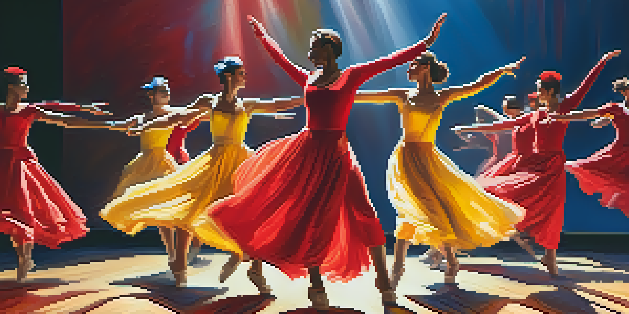 A colorful dance performance with dancers in bright costumes and dramatic stage lighting, set against a blurred audience.