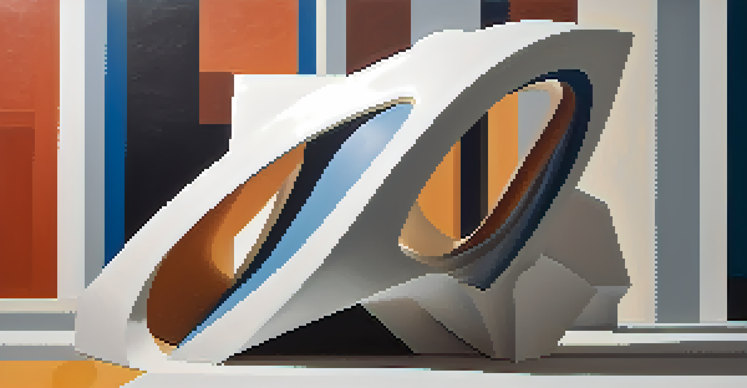 An abstract sculpture featuring flowing lines and geometric shapes, illuminated softly.