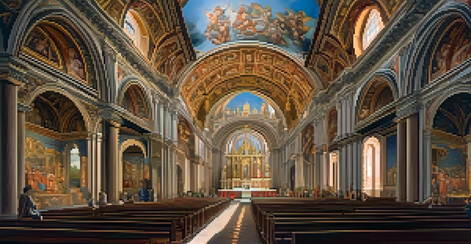 An interior view of a Renaissance church showcasing beautiful frescoes on the ceiling and walls, with soft lighting enhancing the atmosphere.