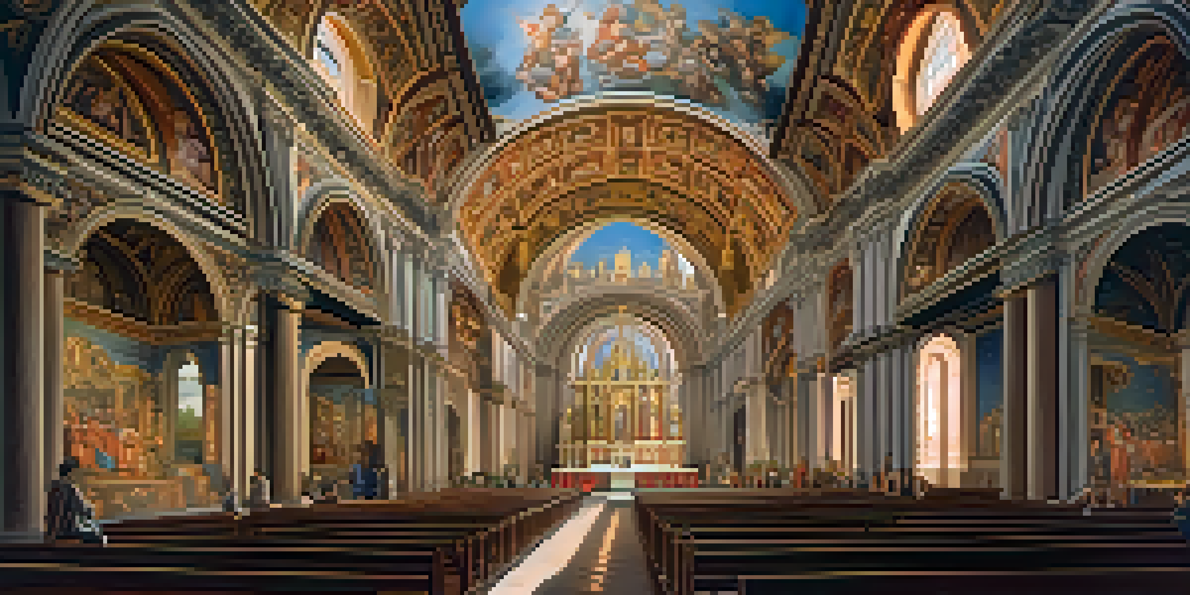 An interior view of a Renaissance church showcasing beautiful frescoes on the ceiling and walls, with soft lighting enhancing the atmosphere.