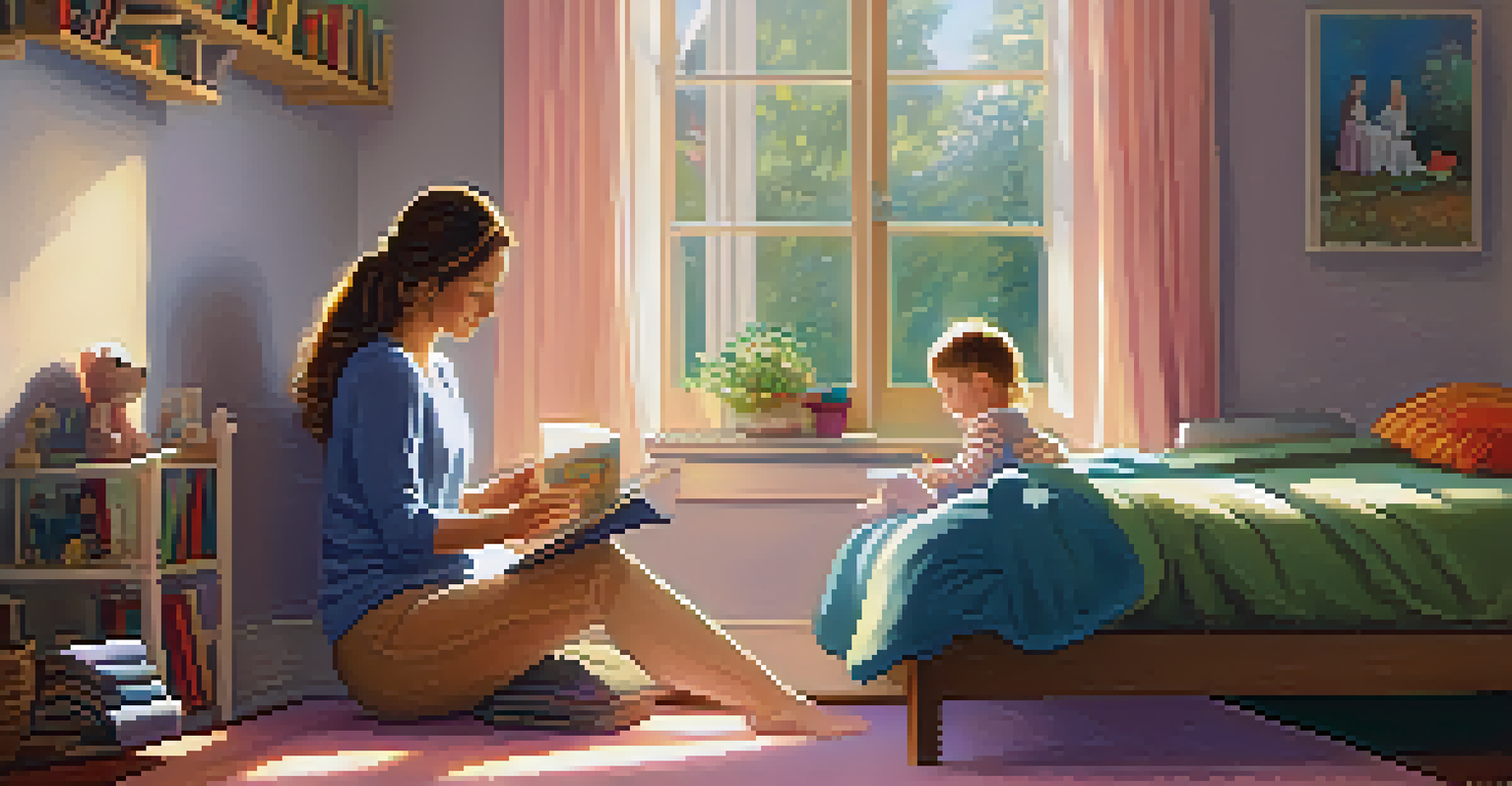 A mother reading to her child in a cozy room filled with books and toys, illuminated by warm sunlight streaming through a window.