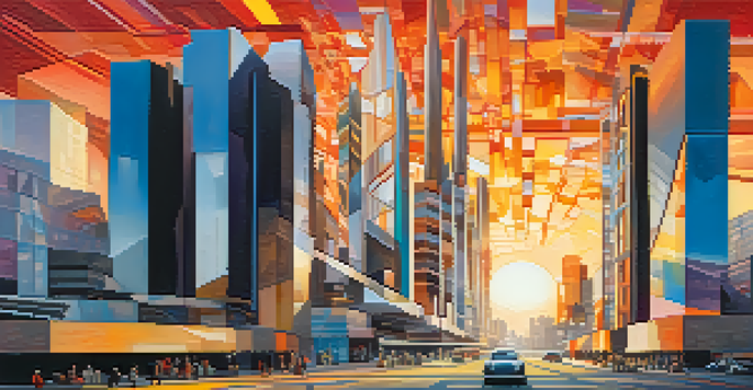 An urban scene combining Futurism and Cubism with abstract buildings and vibrant colors at sunset.