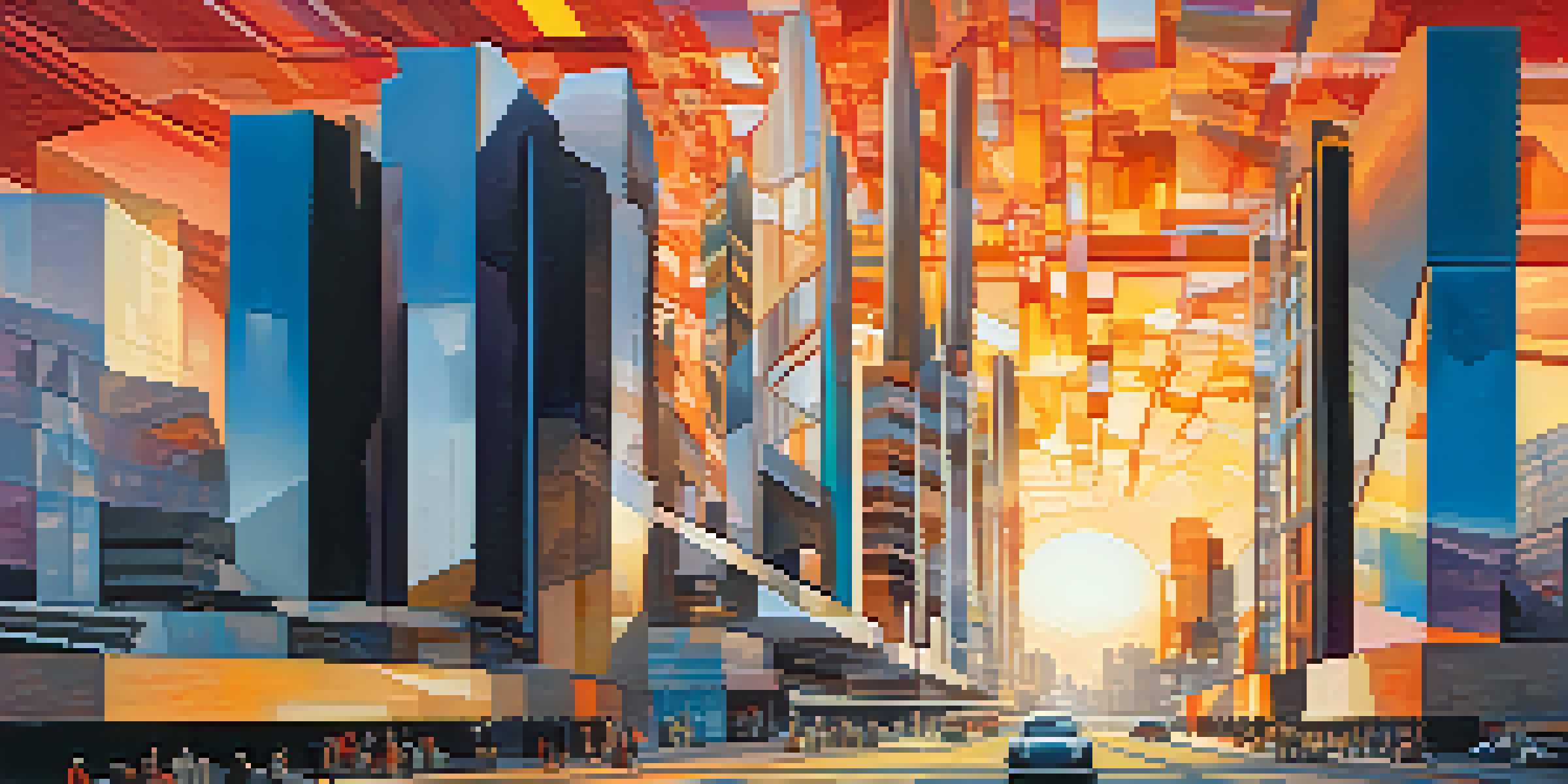 An urban scene combining Futurism and Cubism with abstract buildings and vibrant colors at sunset.