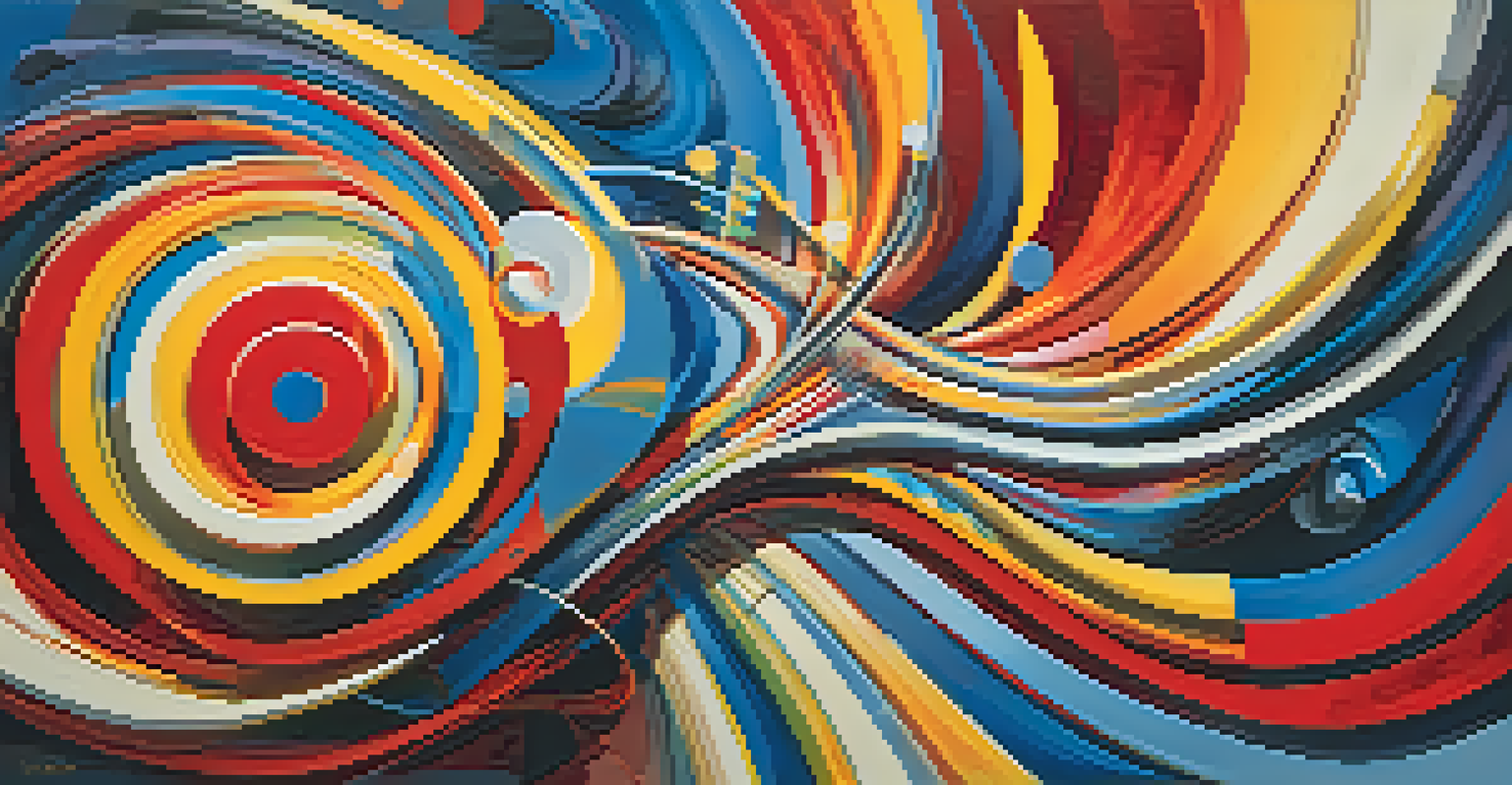 An abstract artwork with swirling colors and shapes representing sound waves inspired by music.