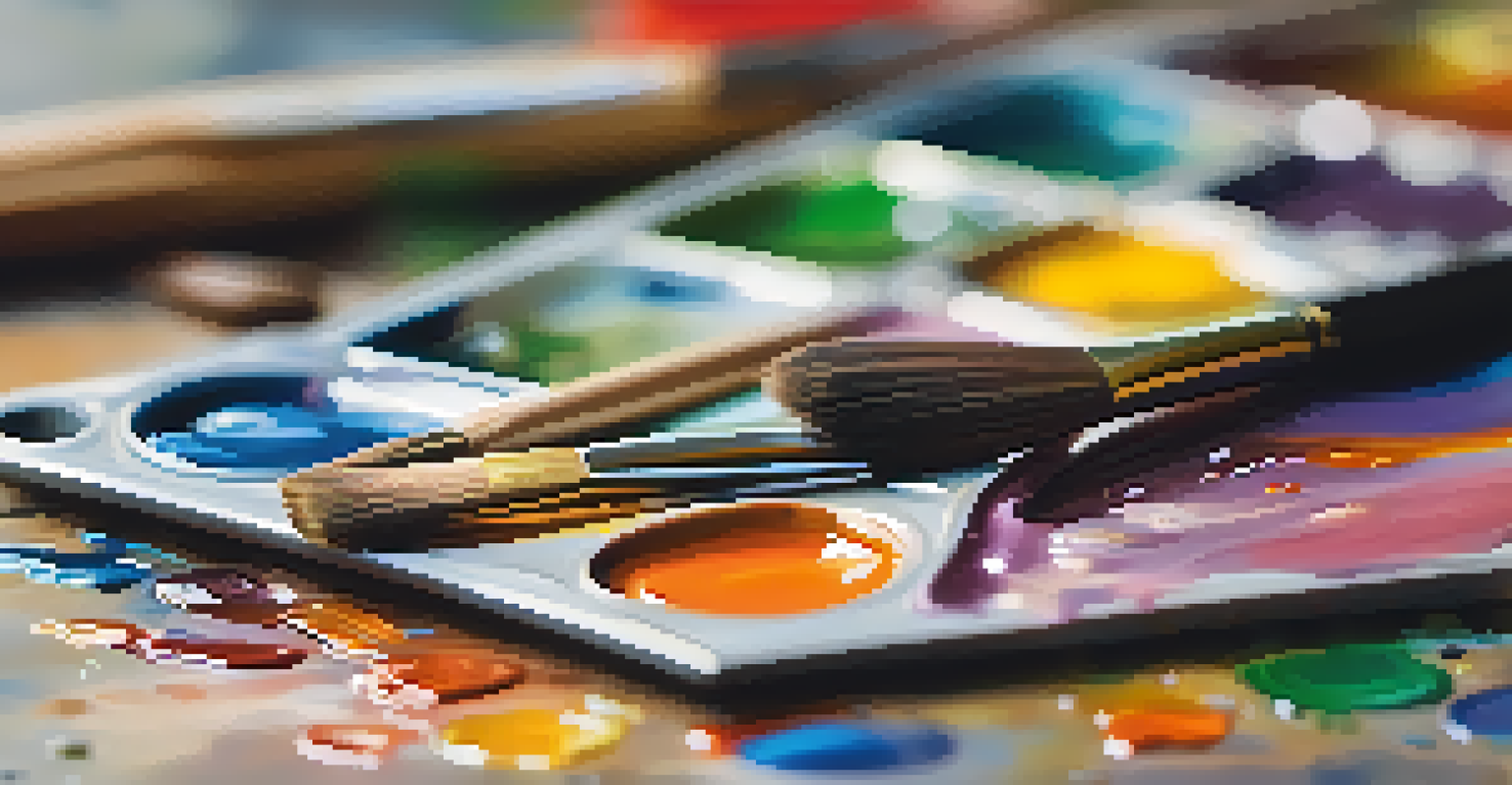 A close-up of a painter's palette filled with vibrant oil paints and a blurred canvas in the background showing a landscape.