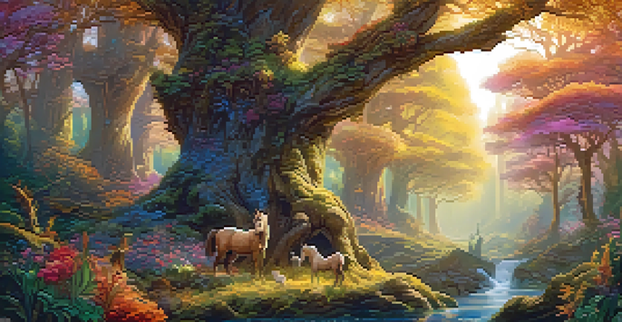A mythical forest with ancient trees, colorful flowers, and creatures like fairies and unicorns in golden sunlight.