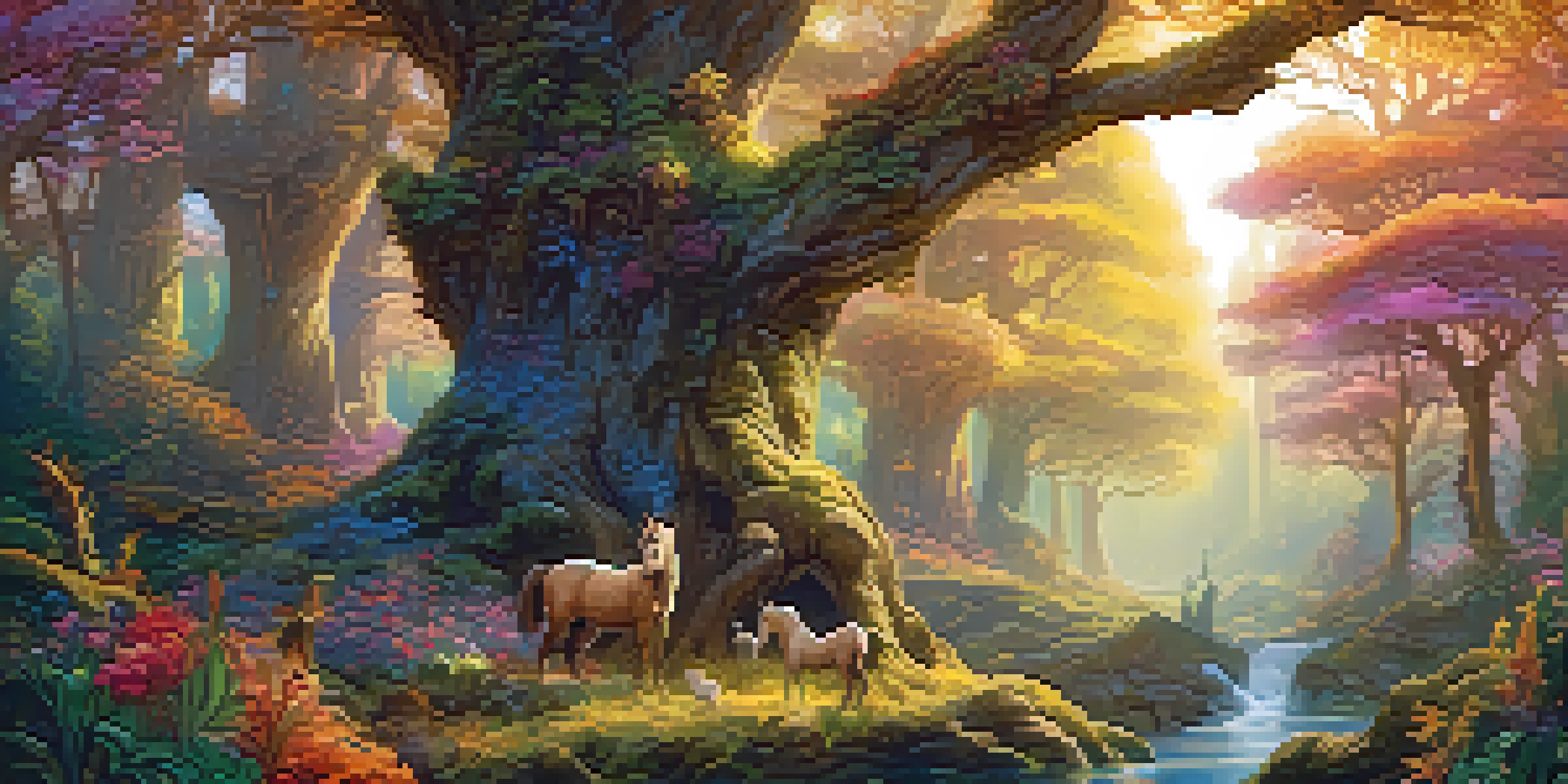 A mythical forest with ancient trees, colorful flowers, and creatures like fairies and unicorns in golden sunlight.