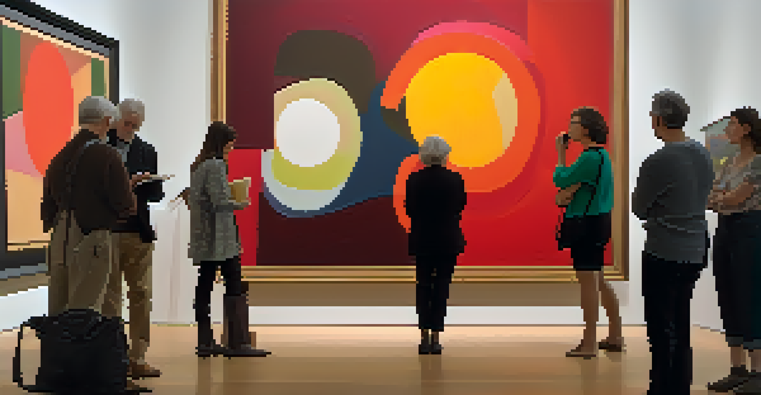 An art critic observing an abstract painting in a gallery, taking notes while other visitors admire the artwork around her.
