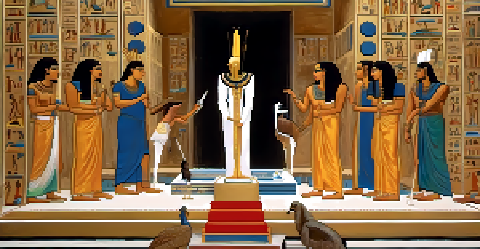 The 'Weighing of the Heart' ceremony with Ma'at, Anubis, and hieroglyphics in an ancient Egyptian setting.