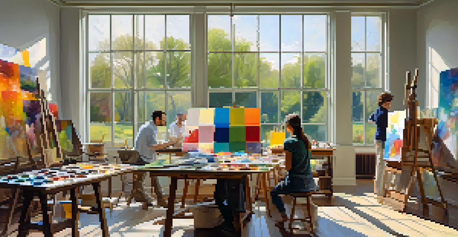 An artist's studio with multiple painters collaborating on a large landscape painting, surrounded by colorful canvases and natural light.