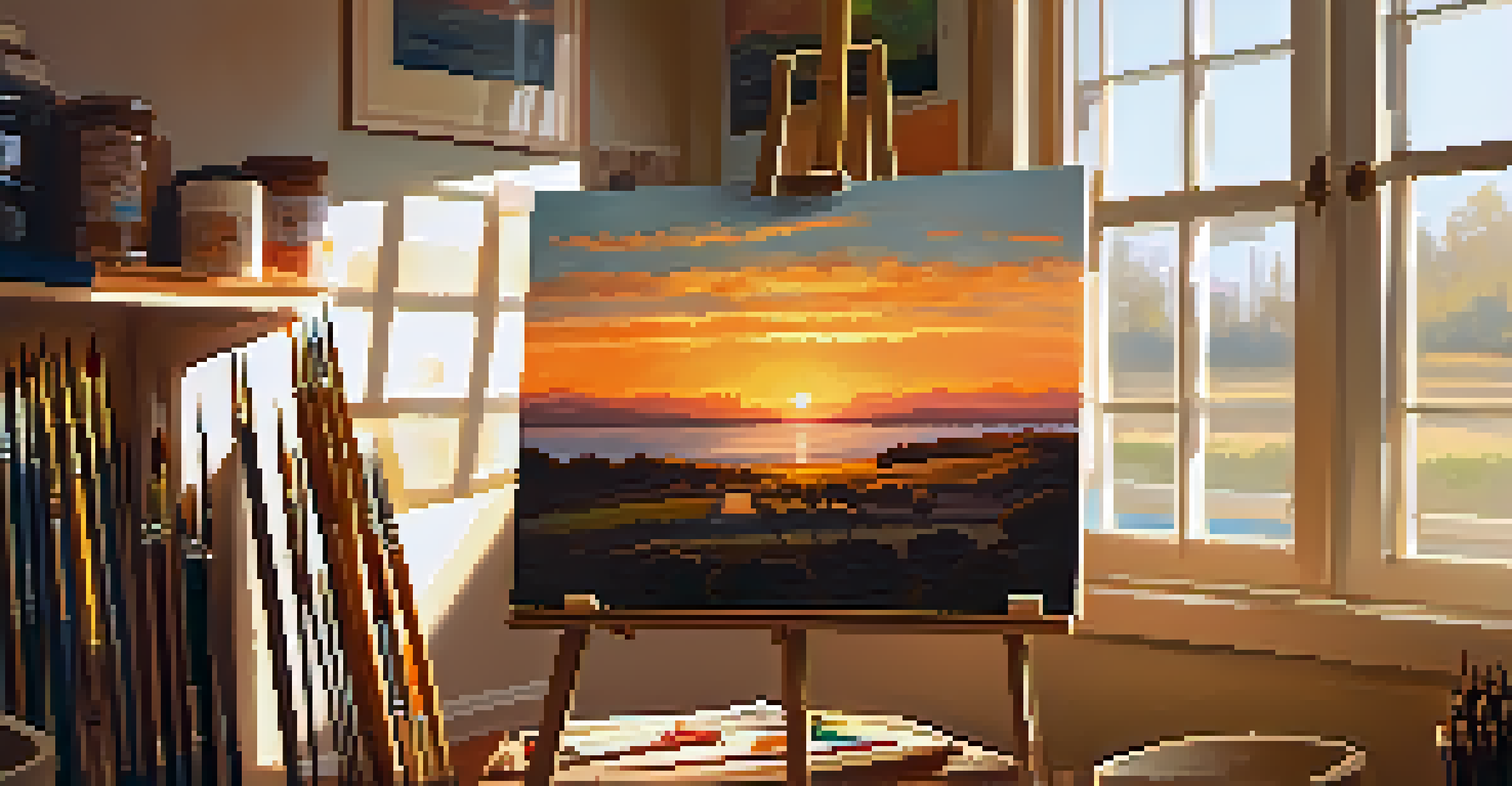 A warm and inviting art studio with a wooden easel and a sunset painting in progress.