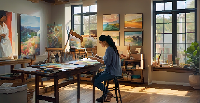 A woman of color in an art studio, analyzing a painting with various artworks on the walls and natural light streaming in.