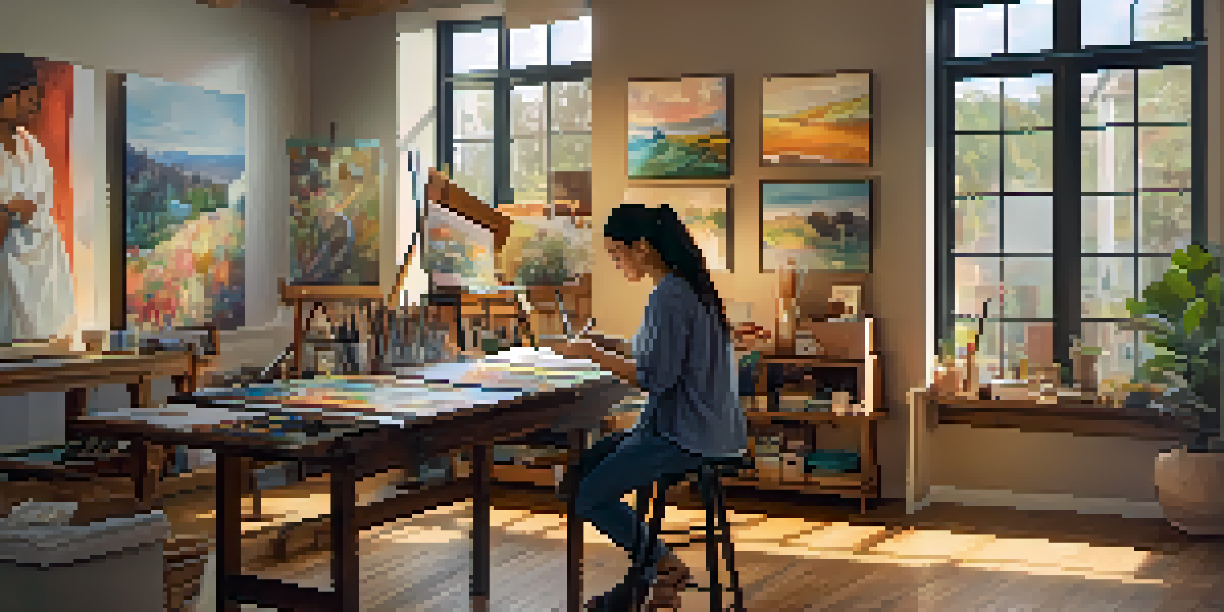 A woman of color in an art studio, analyzing a painting with various artworks on the walls and natural light streaming in.