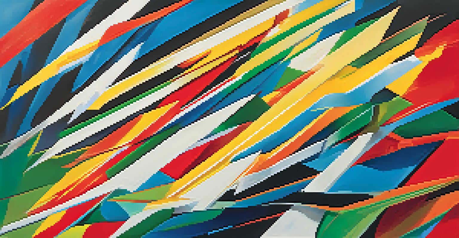 An abstract artwork with fragmented forms and bold colors, depicting motion and energy through diagonal lines and vibrant hues.