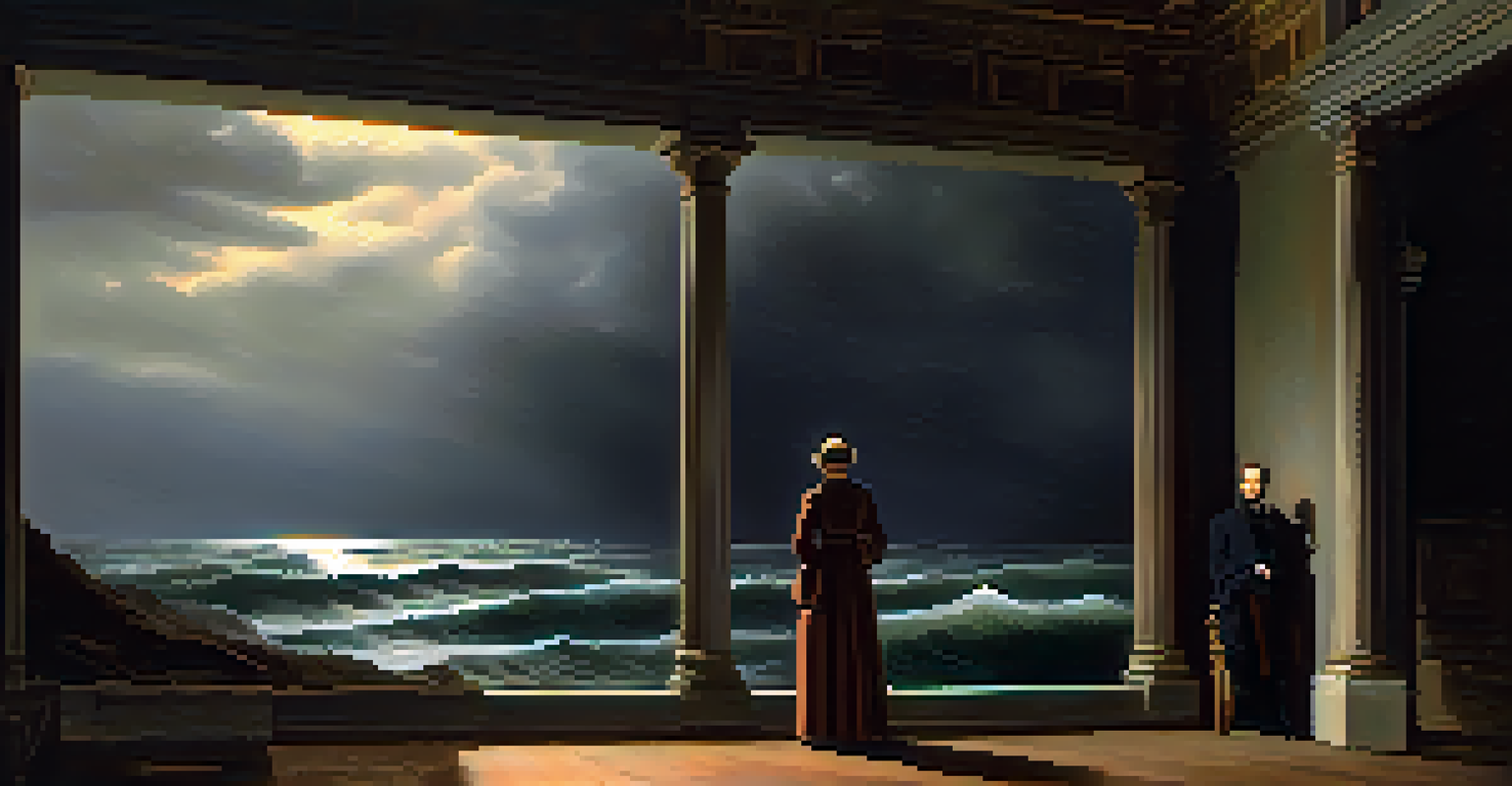 A dramatic stage scene inspired by Goya, with dark clouds and muted colors, creating an introspective atmosphere.