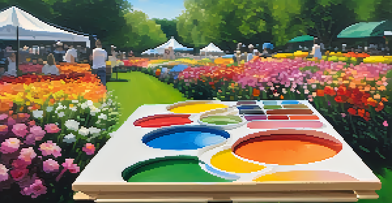 A close-up of a colorful painter's palette on an easel in a park, with blurred figures enjoying nature in the background.