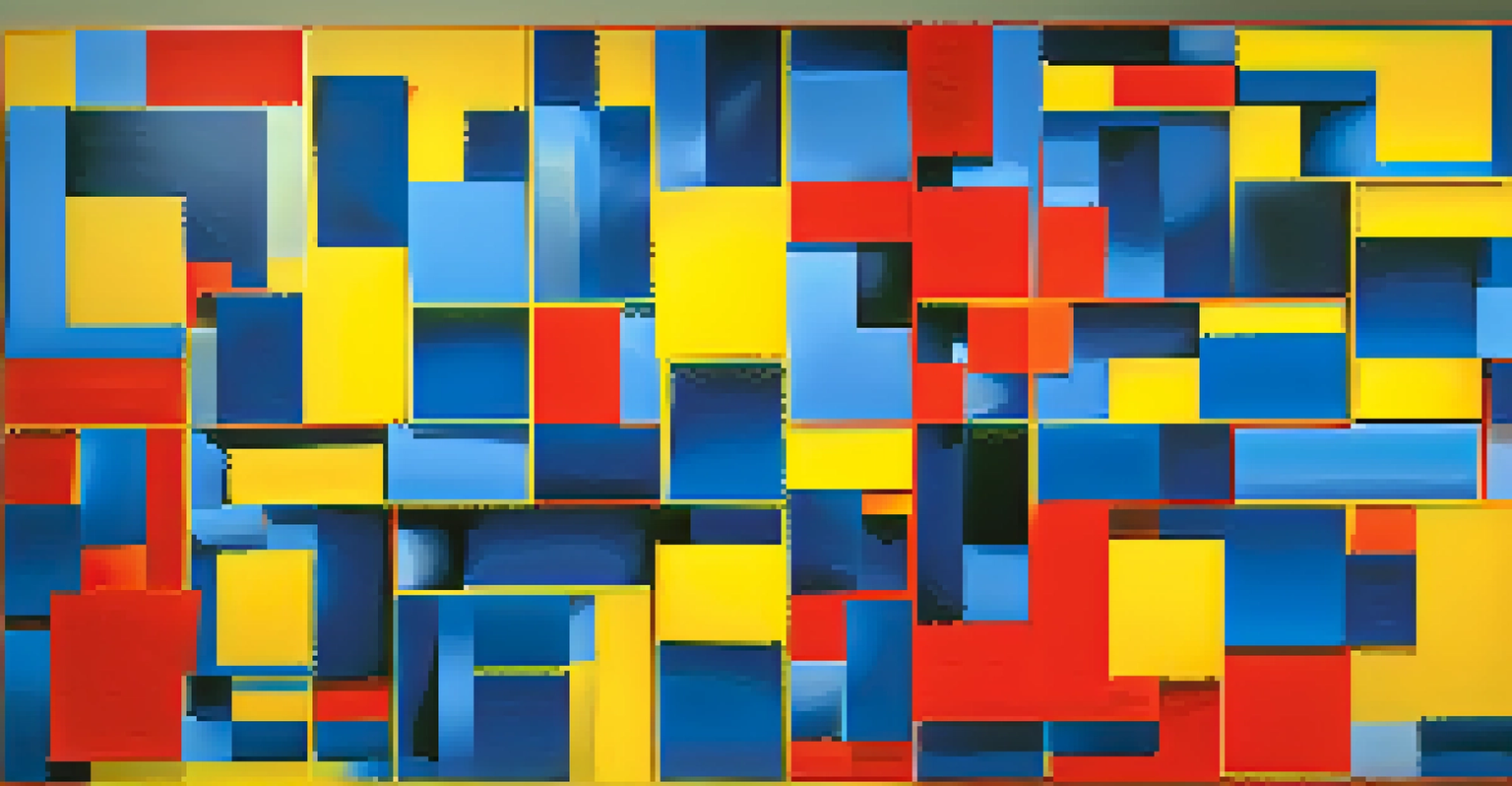 An abstract art piece with vibrant blocks of blue, yellow, and red, creating a lively and dynamic visual experience.