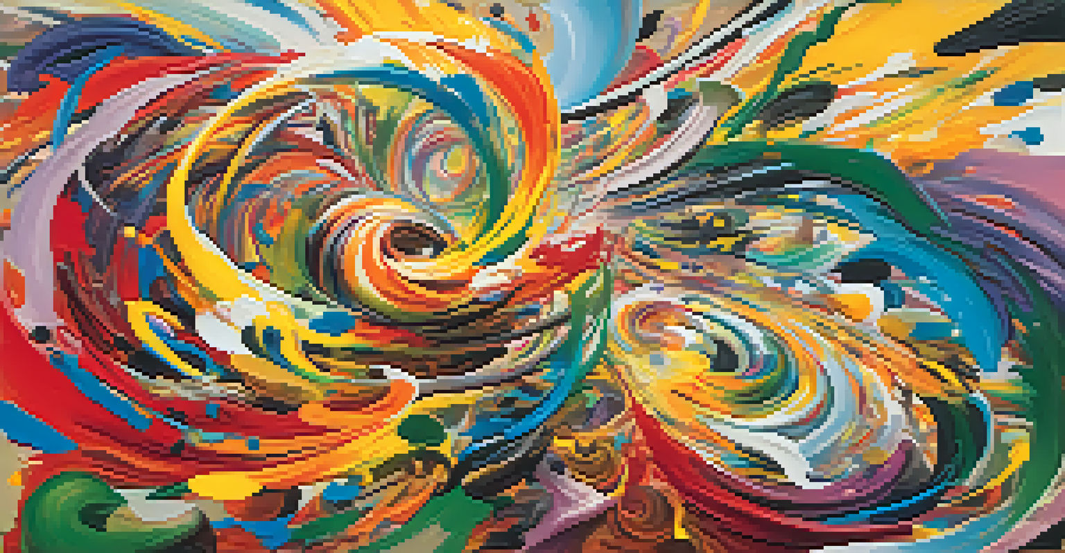 An abstract expressionist artwork with chaotic colors and shapes, hinting at human figures within swirling forms.