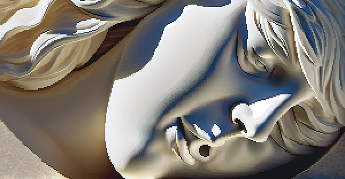 A close-up view of a marble sculpture highlighting intricate details and textures, illuminated by soft warm light.