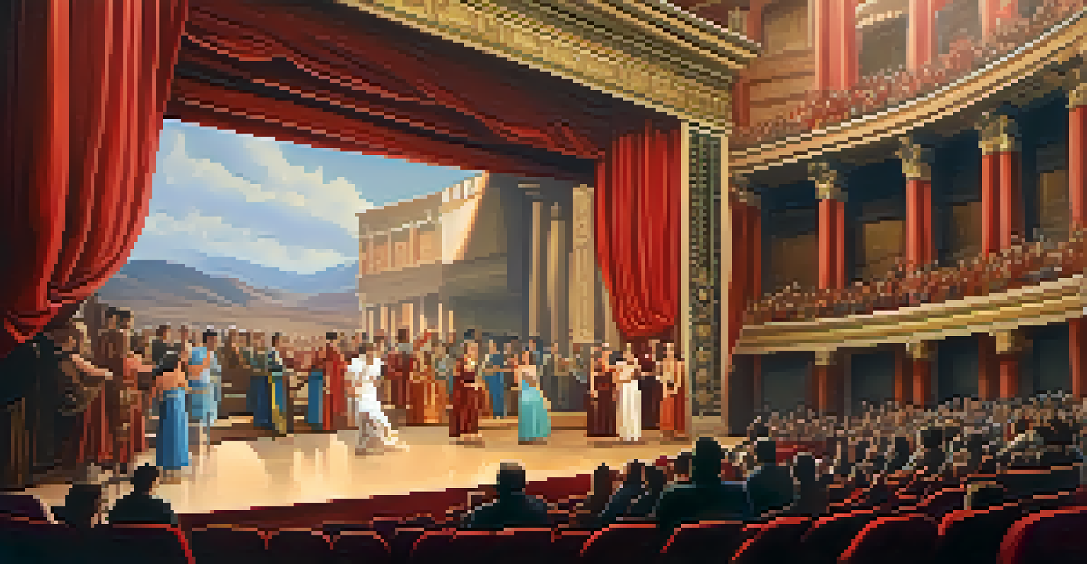 A grand ancient Greek theater scene with colorful backdrops and actors in traditional costumes, illuminated by soft light.