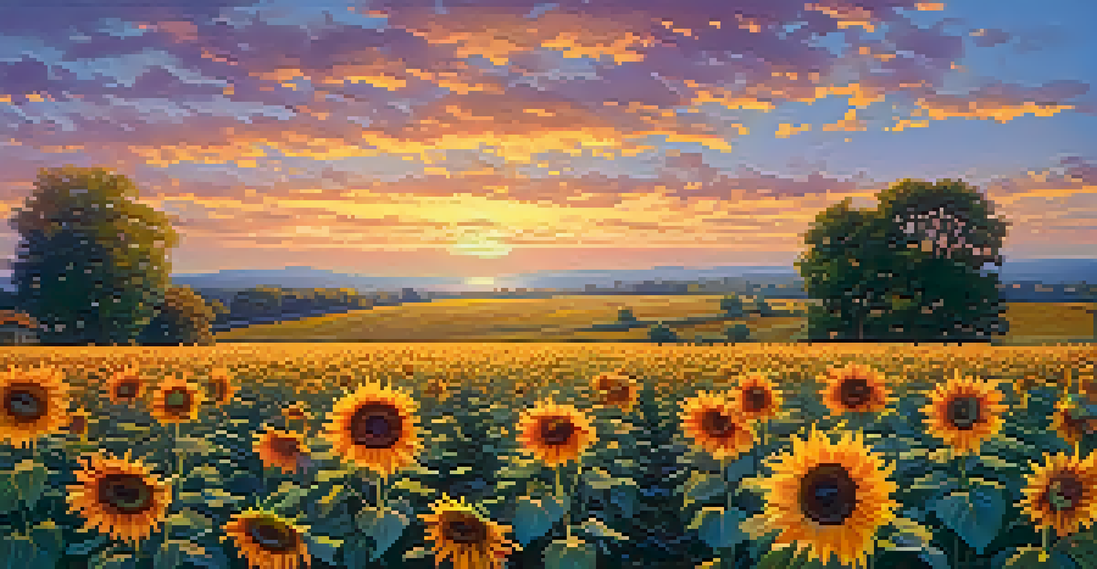 A sunflower field at sunset, with vibrant yellow flowers and a colorful sky filled with orange and pink hues.