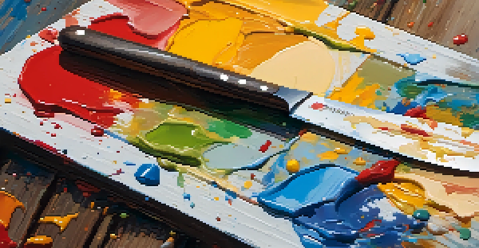 A close-up of a palette knife on a colorful acrylic palette with various paint textures, illuminated by soft natural light.