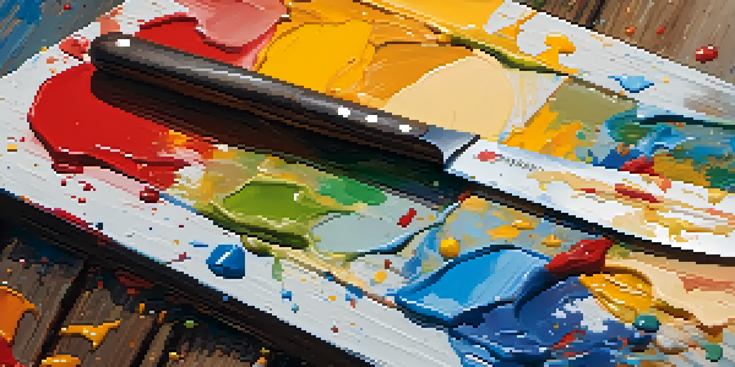 A close-up of a palette knife on a colorful acrylic palette with various paint textures, illuminated by soft natural light.