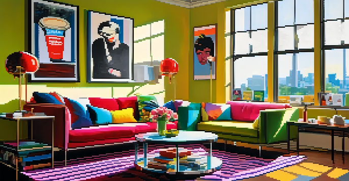 A modern living room filled with vibrant pop art, featuring bold colors and iconic images. A cozy atmosphere with sunlight filtering through large windows.
