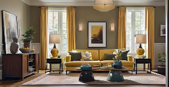 A cozy living room with a vibrant art reproduction on the wall, warmly lit with soft lighting and comfortable furniture.