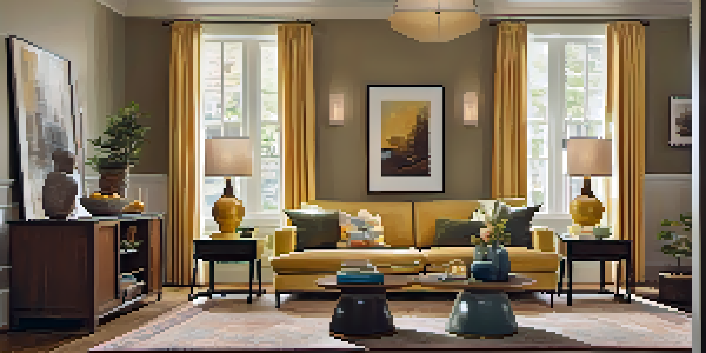 A cozy living room with a vibrant art reproduction on the wall, warmly lit with soft lighting and comfortable furniture.
