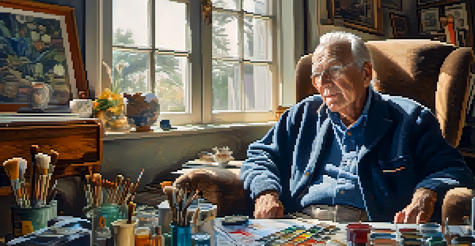 An elderly man sits in a vintage armchair surrounded by art supplies, with natural light illuminating the room.