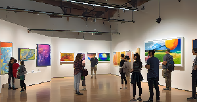 A lively art exhibition featuring a variety of visitors engaging with colorful artworks and interactive displays in a warmly lit space.