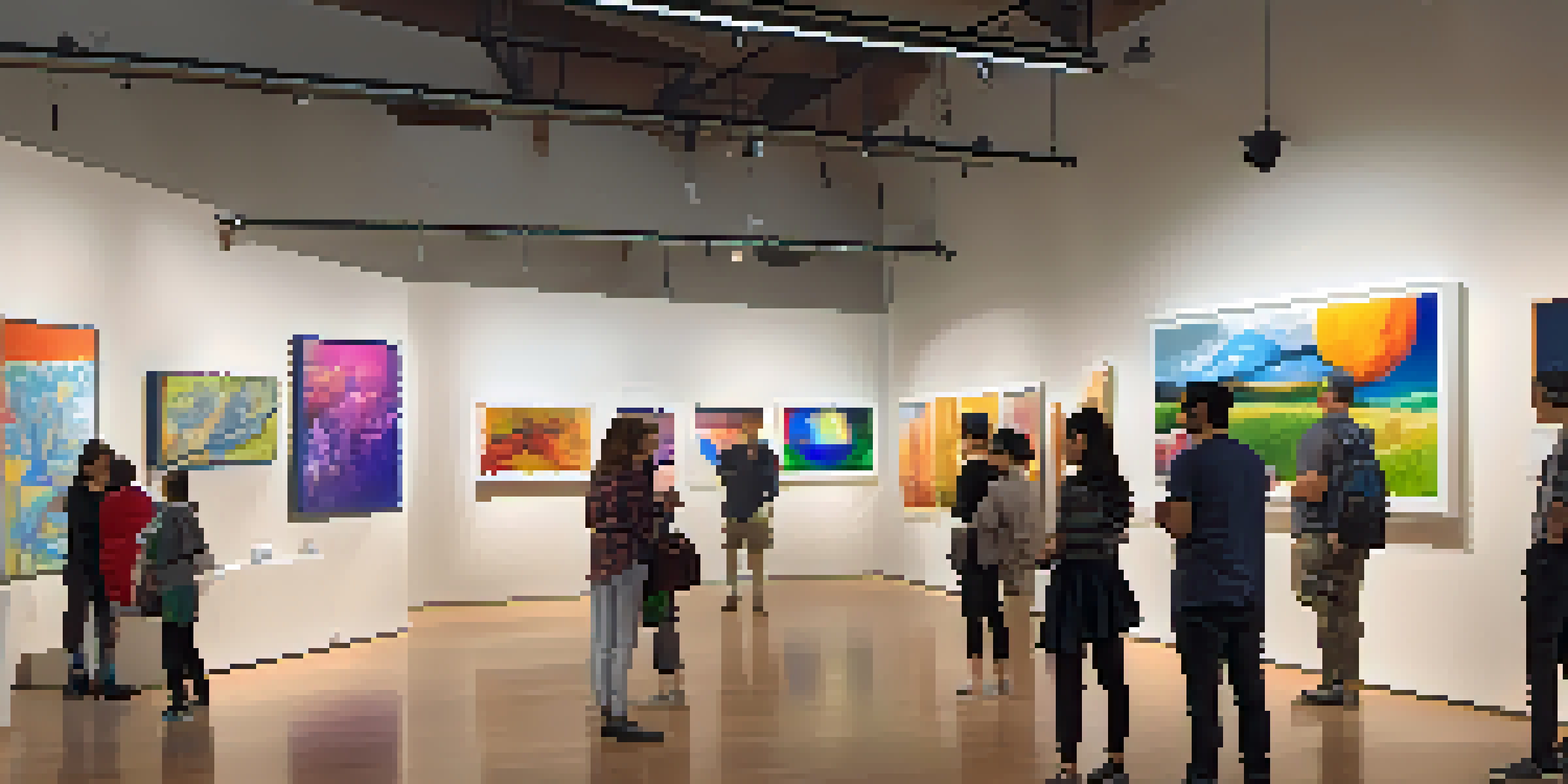 A lively art exhibition featuring a variety of visitors engaging with colorful artworks and interactive displays in a warmly lit space.