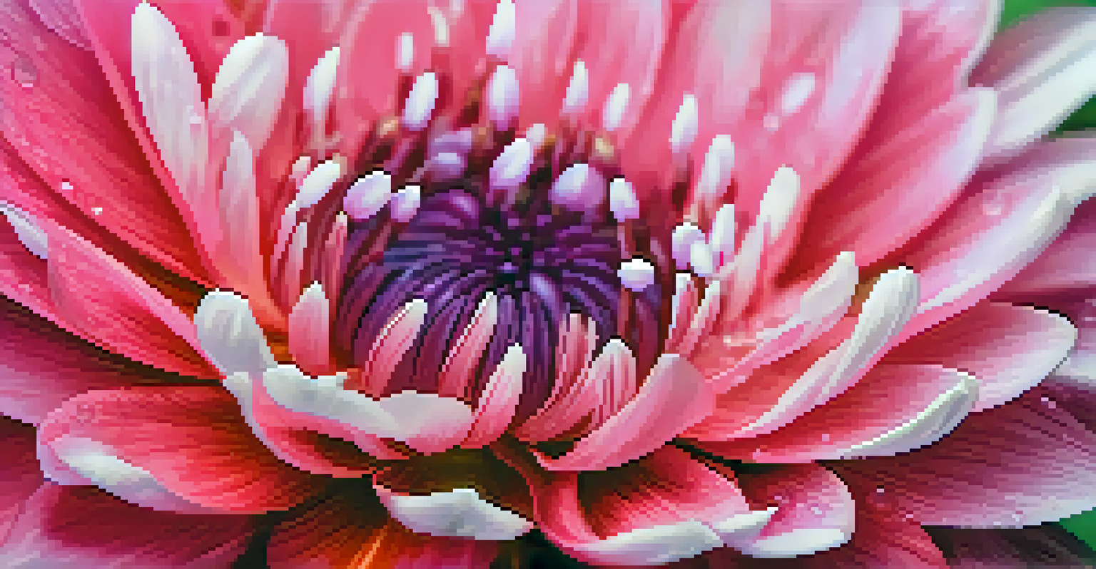 A close-up of a colorful blooming flower with intricate petals and dew drops in sunlight.