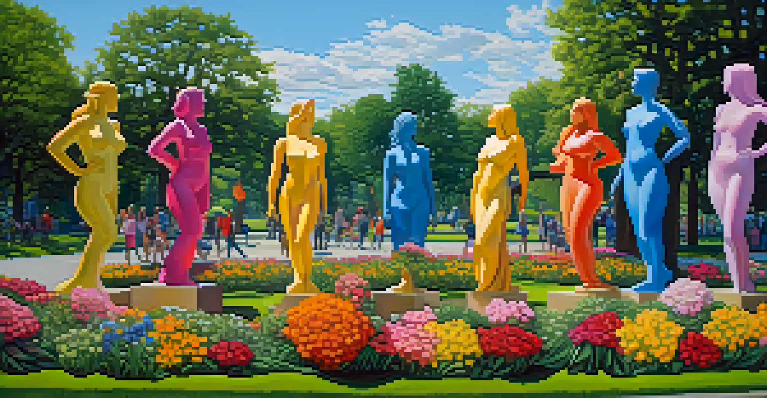 An outdoor art installation with colorful sculptures celebrating women's contributions, set in a lush park.
