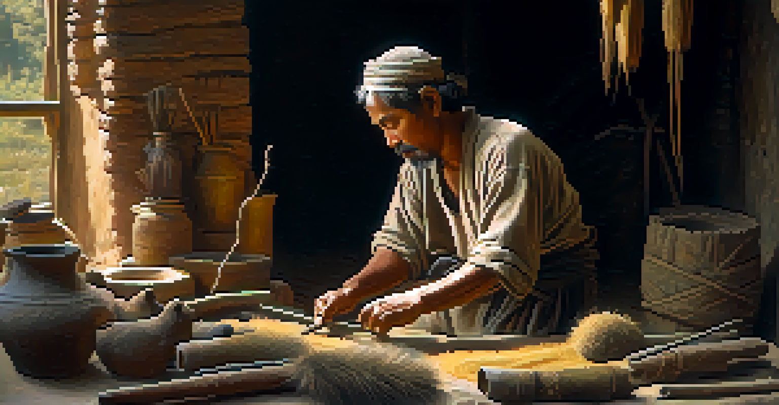 An ancient artisan making a primitive brush from animal fur, surrounded by natural pigments in a rustic workshop.