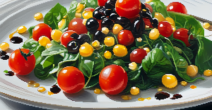 A colorful gourmet salad on a plate with cherry tomatoes, spinach, and corn, garnished with balsamic reduction.