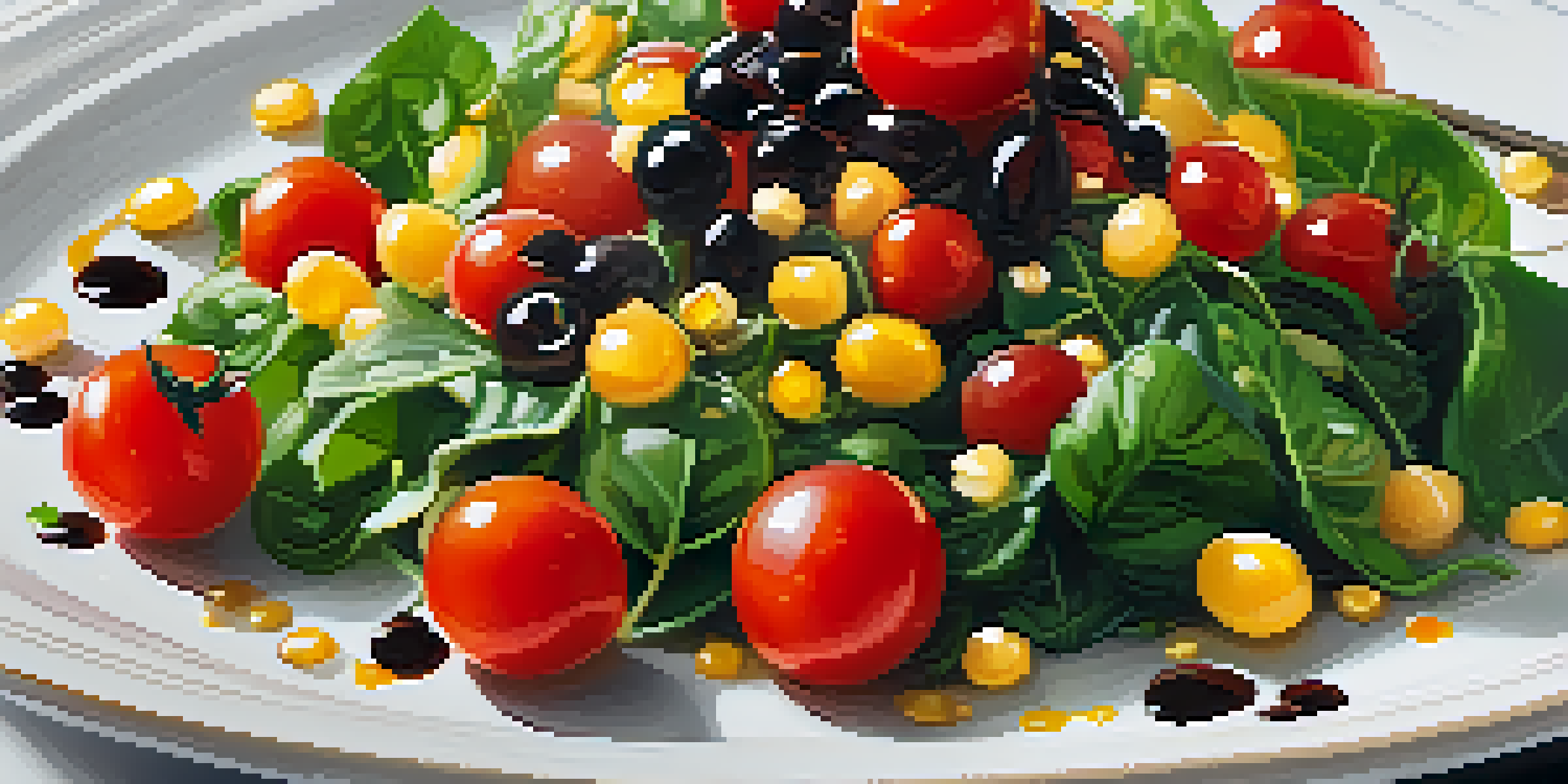 A colorful gourmet salad on a plate with cherry tomatoes, spinach, and corn, garnished with balsamic reduction.