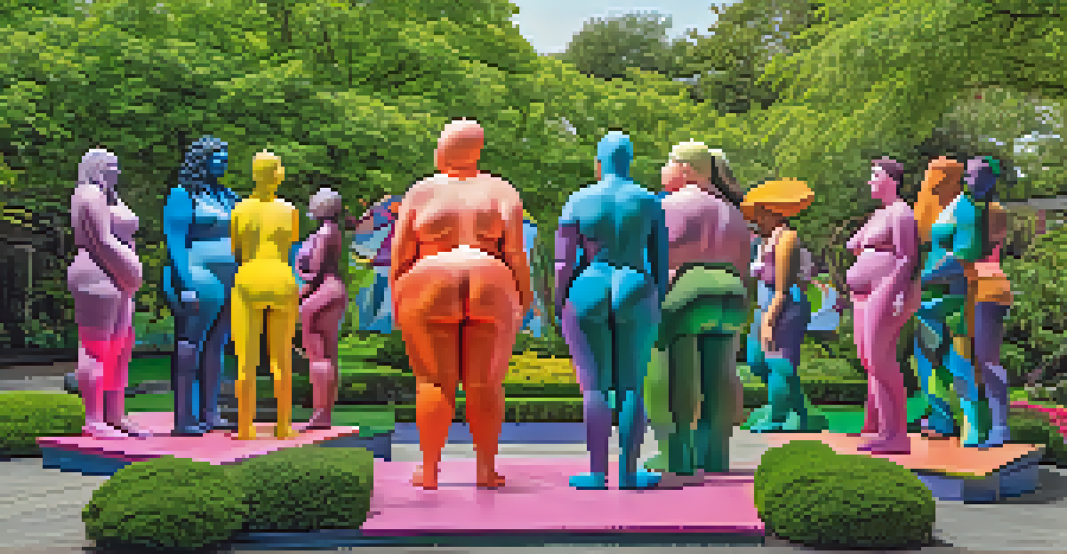 An outdoor art installation with colorful sculptures representing diversity and body positivity.
