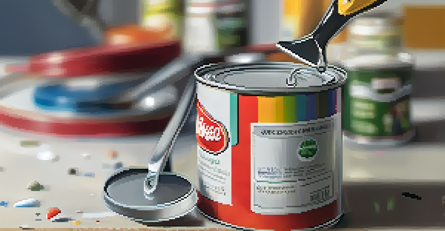 A close-up of a paint can being opened with stirring tools beside it, showcasing rich paint colors.