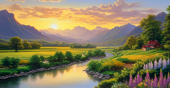 A peaceful river flowing through a green valley with mountains in the background, illuminated by a golden sunset.