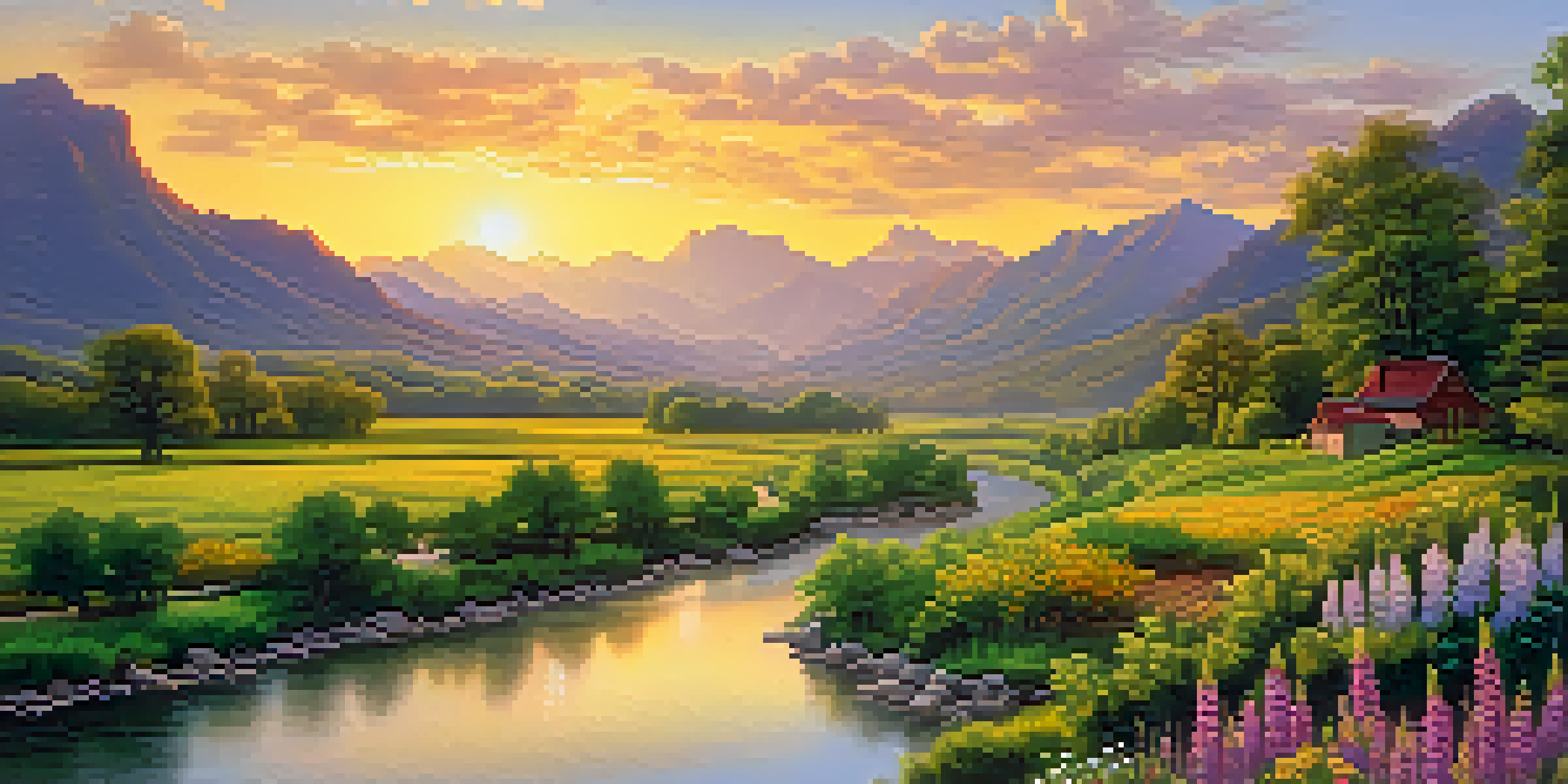 A peaceful river flowing through a green valley with mountains in the background, illuminated by a golden sunset.