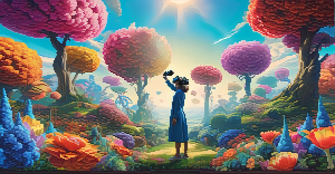A person wearing a VR headset in a colorful, immersive virtual reality art installation with oversized flowers and surreal trees.