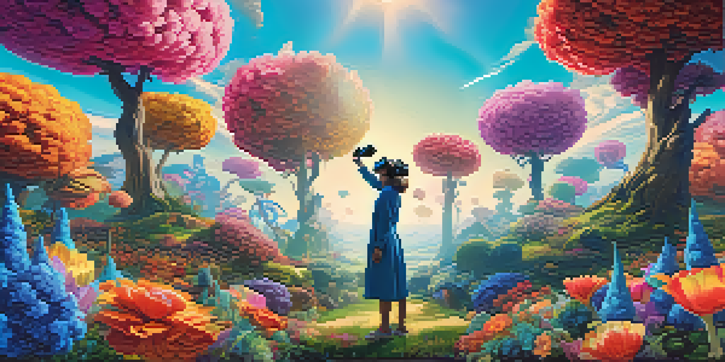 A person wearing a VR headset in a colorful, immersive virtual reality art installation with oversized flowers and surreal trees.