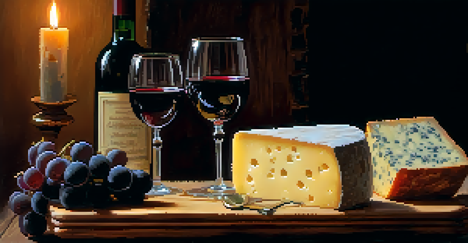 A glass of red wine beside an open book and a plate of cheeses, illuminated by candlelight.