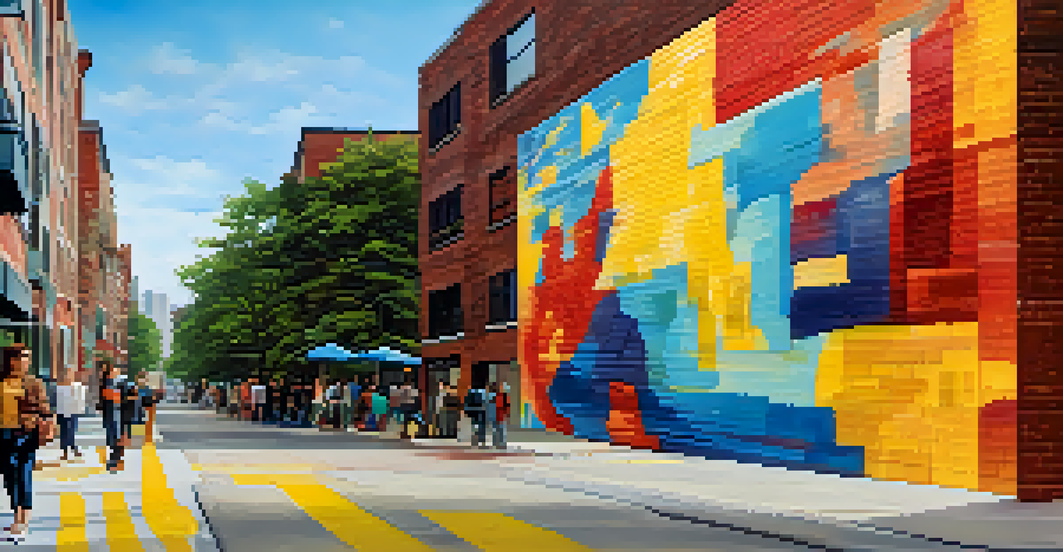 A colorful urban mural on a brick wall with people admiring it.