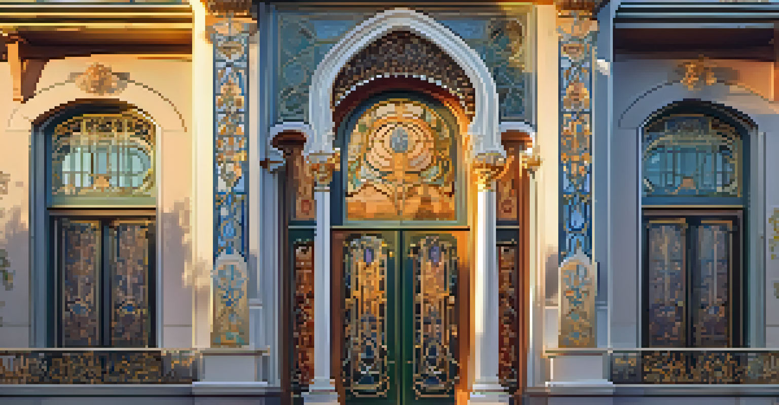 An Art Nouveau architectural facade with flowing lines and organic motifs, beautifully illuminated during golden hour.