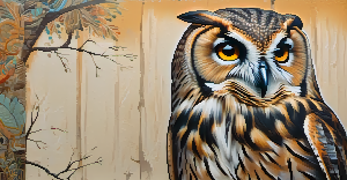 A close-up of a street art piece showing a wise owl on a branch, with intricate patterns and earthy colors against a faded wall.